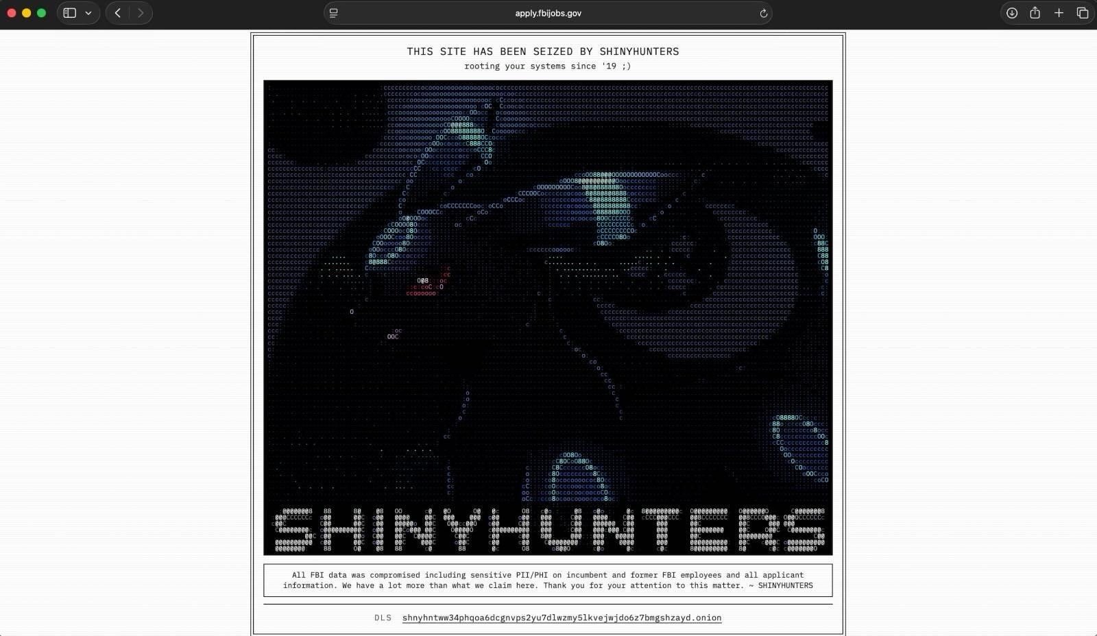 Screenshot of the defaced FBI jobs portal at apply.fbijobs.gov showing the banner THIS SITE HAS BEEN SEIZED BY SHINYHUNTERS, the line rooting your systems since 19, ShinyHunters ASCII art, and the group's claim of compromised FBI employee and applicant data